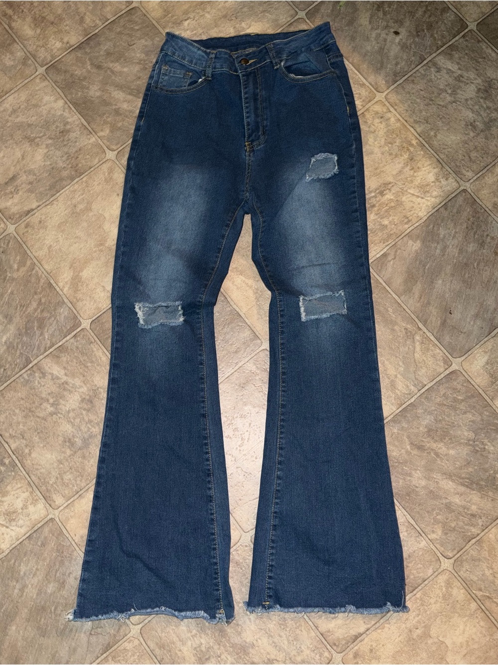 Dark Blue Distressed Flare Jeans - Women's